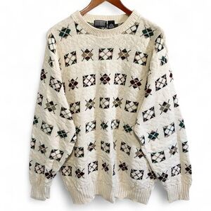 Vintage 90s Knightsbridge Made in USA Cream Argyle Sweater
